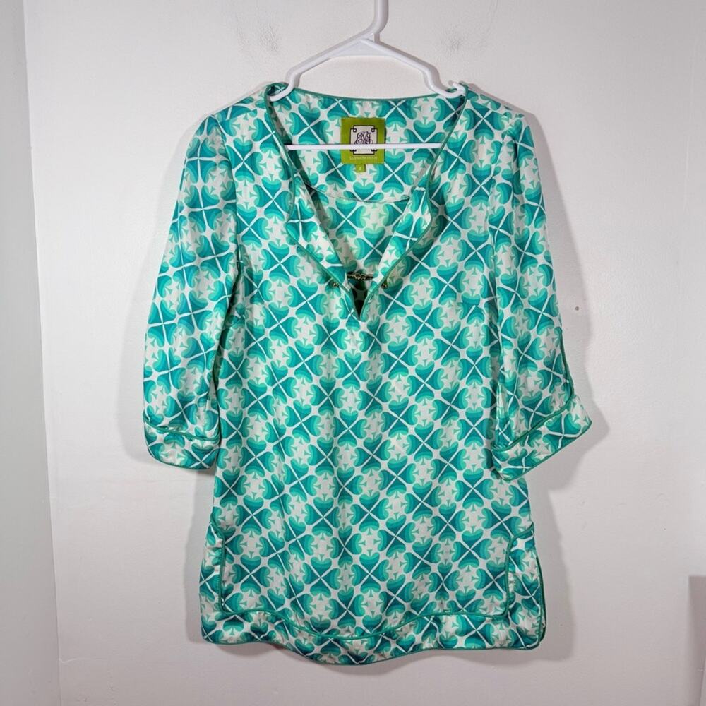 Elizabeth McKay Green White 100% Silk Spade 4-Leaf Clover Chain Toggle Top 4